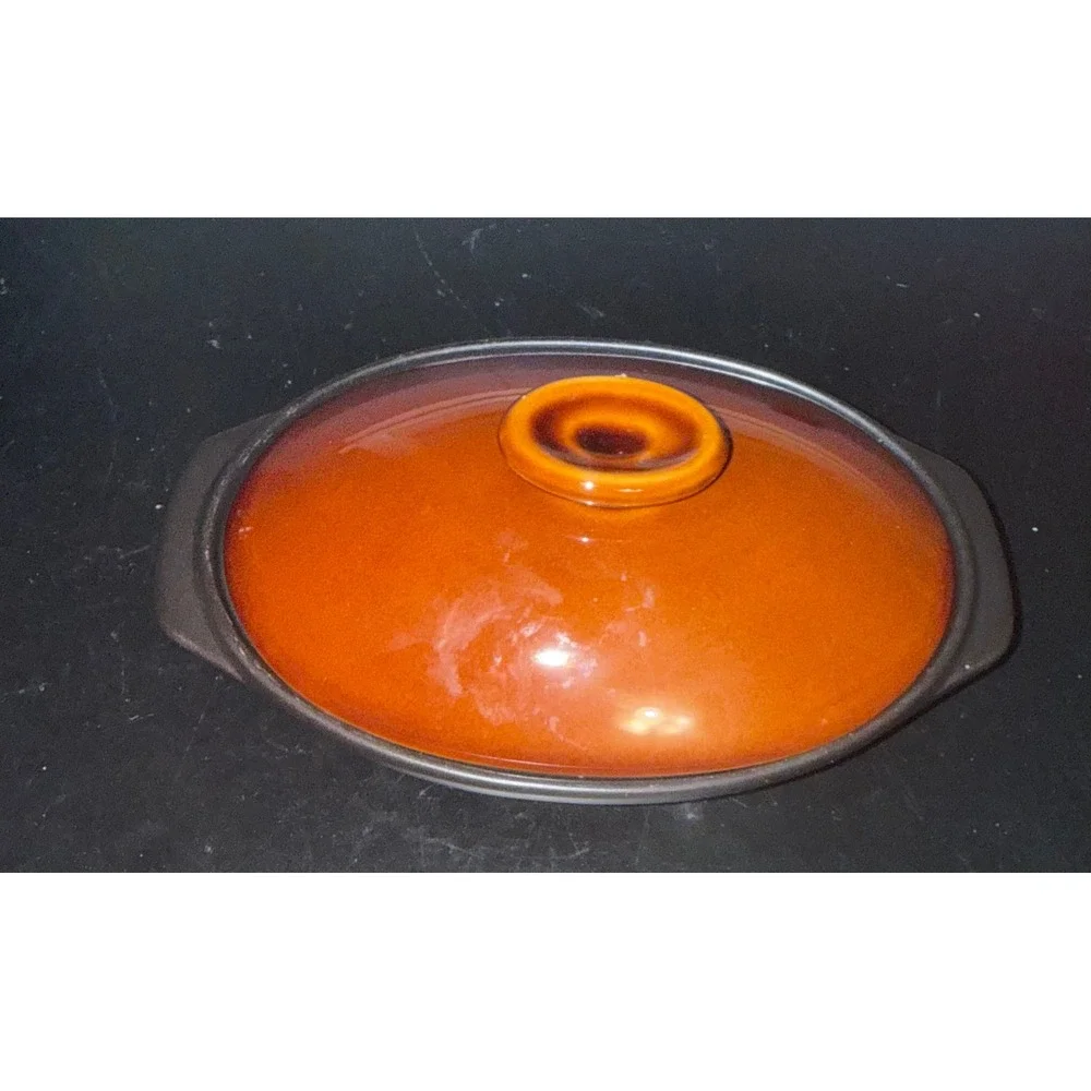 Vintage Ceramic Oval Casserole Dish with Lid Amber Brown and Matte Black 7.5in
